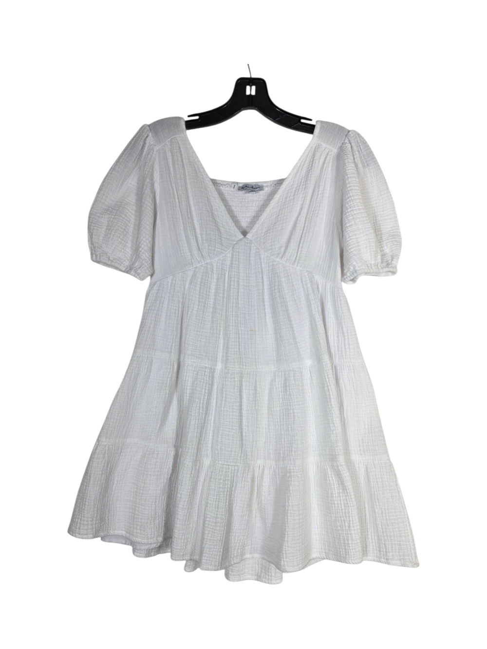 Hunter & Brown Gauzy White Textured V-Neck Puff Sleeve Tiered Mini Dress